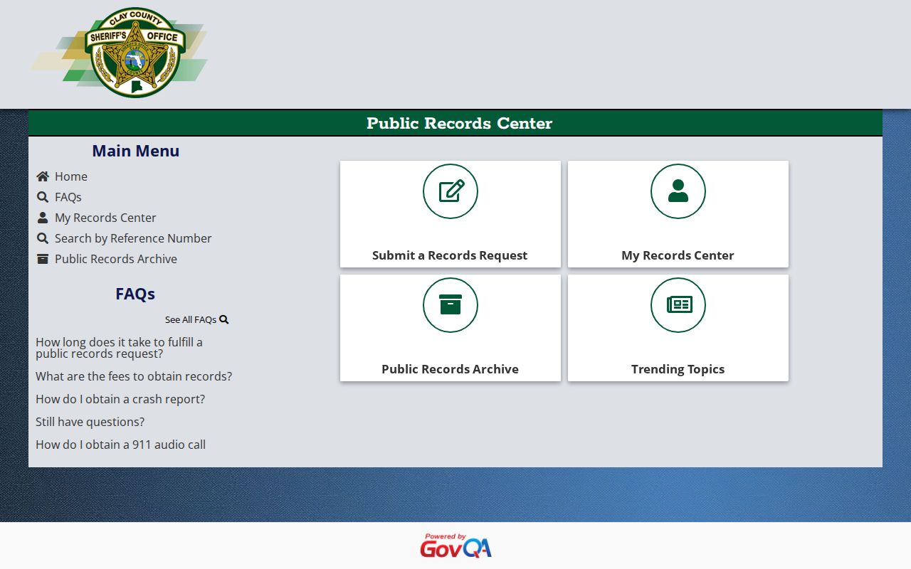 Clay County arrest record request center landing page