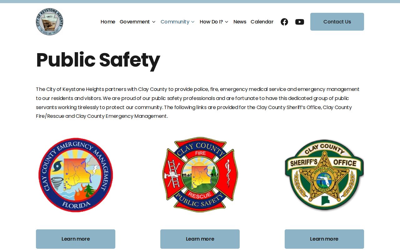 Keystone Heights official public safety page describing its Clay County partnership