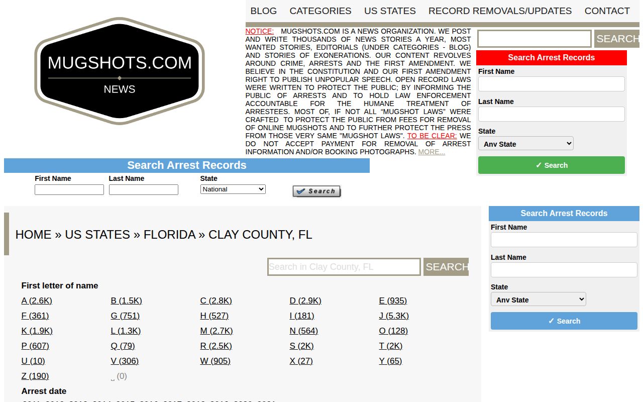 Historical Clay County arrest archive navigation on an unofficial publisher